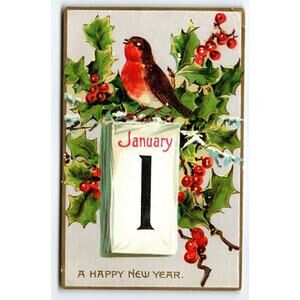 New Year Postcard Tuck Song Bird Sings Holly Leaves Jan 1 Series 145 Antique